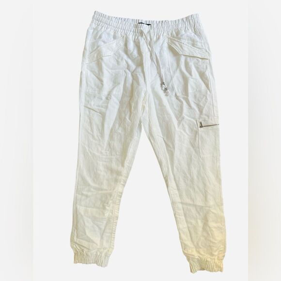 Karl Lagerfeld White Linen Cargo Jogger Pants Size Medium Pull On Relaxed Fit - Picture 5 of 9